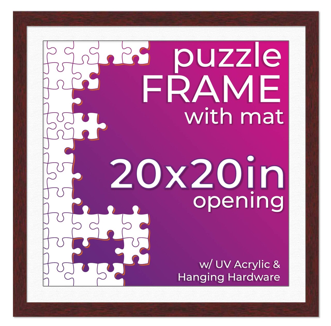 Brown Wood Puzzle Frame Kit with Glue Sheets, White Mat, Backing, UV Acrylic - Available in 20 Popular Sizes
